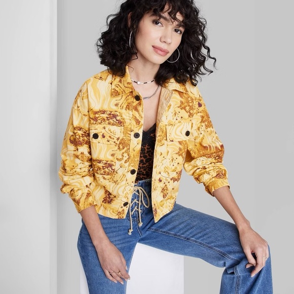 Women's Cropped Canvas Surplus Shacket - Wild Fable Yellow Floral XXL - Picture 1 of 2